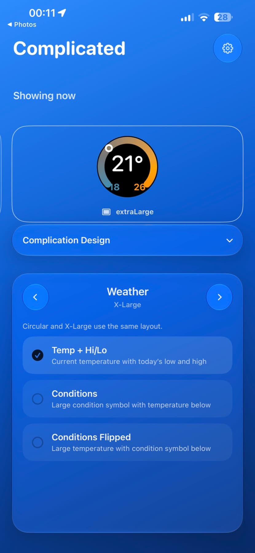 The Complycated iPhone app showing complication layout and design controls