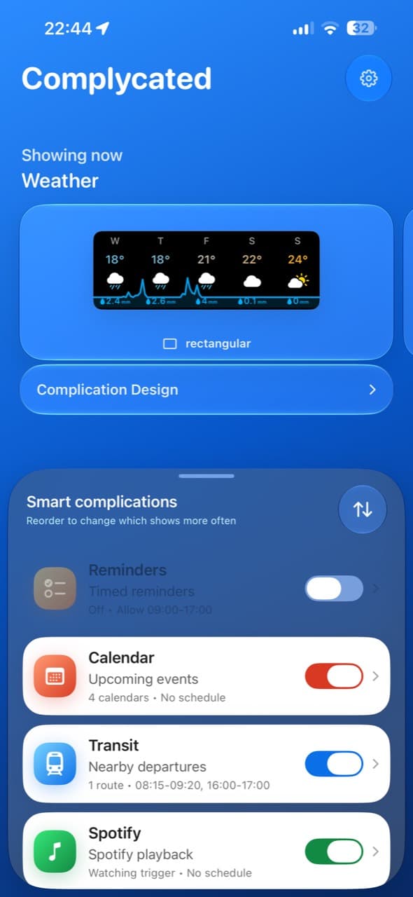 The Complycated iPhone app showing the smart complication priority list