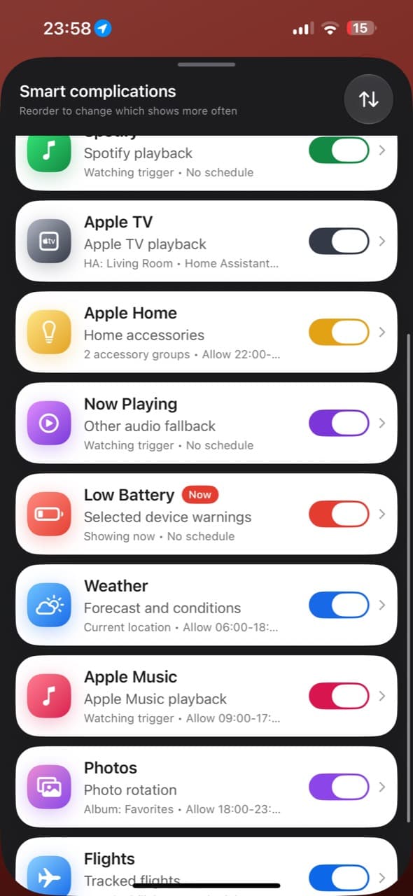 The Complycated iPhone app showing smart trigger status for each complication